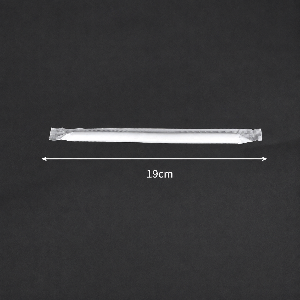 19 cm long x 11 mm diameter PLA boba straw in an individual wrapper, size reference.