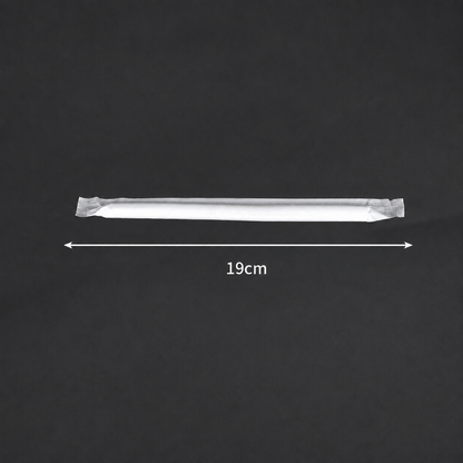 19 cm long x 11 mm diameter PLA boba straw in an individual wrapper, size reference.