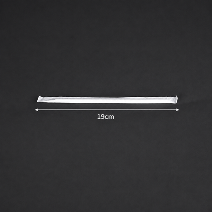 19 cm long x 6 mm diameter PLA straw in an individual wrapper, size reference.