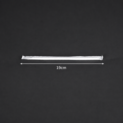 19 cm long x 6 mm diameter PLA straw in an individual wrapper, size reference.