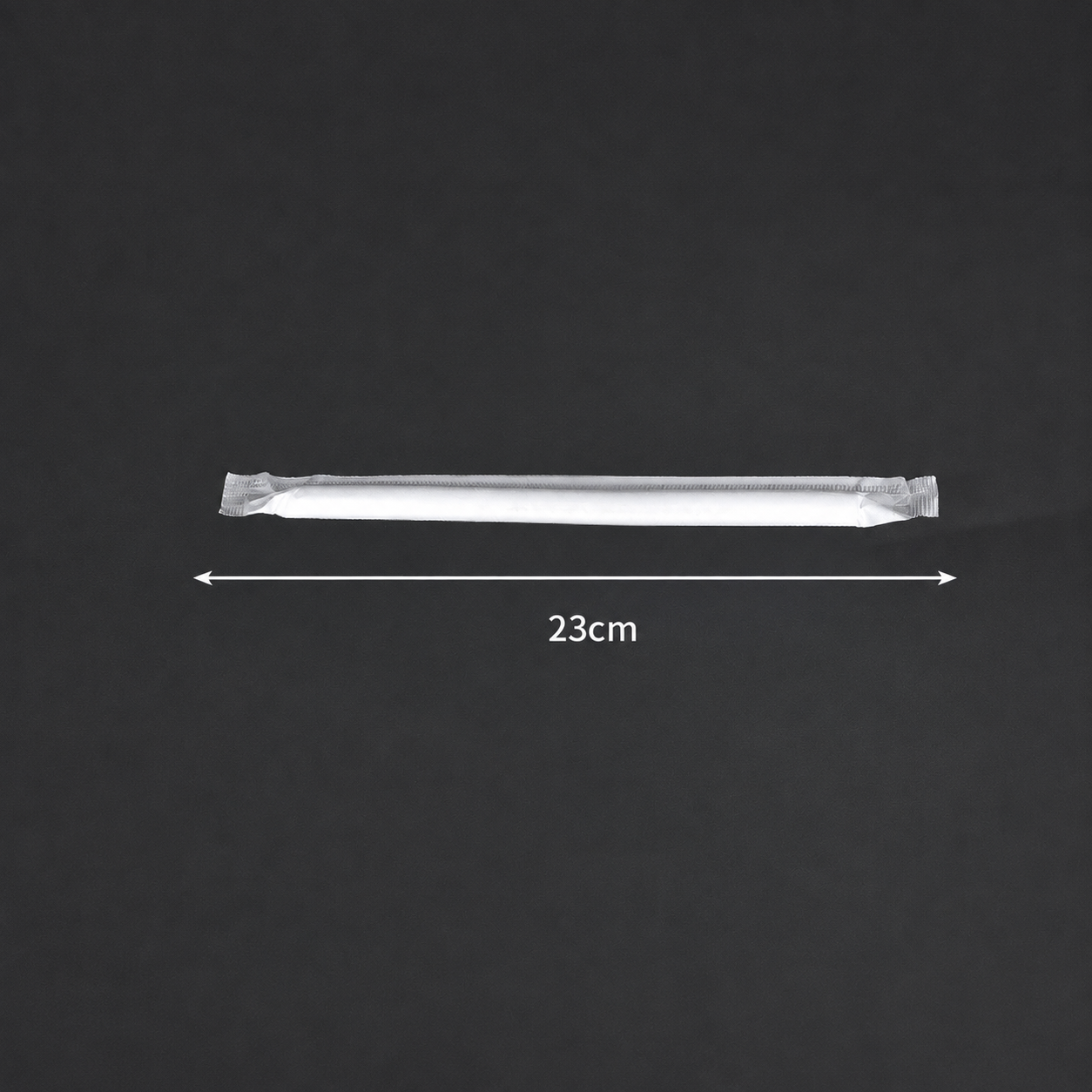 23 cm long x 11 mm diameter PLA boba straw in an individual wrapper, size reference.