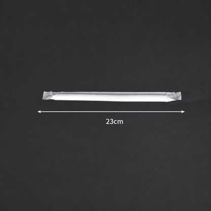 23 cm long x 11 mm diameter PLA boba straw in an individual wrapper, size reference.
