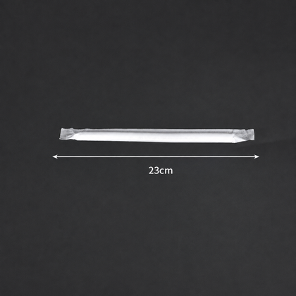 23 cm long x 11 mm diameter PLA boba straw in an individual wrapper, size reference.