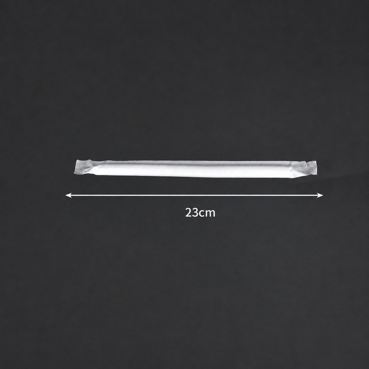23 cm long x 11 mm diameter PLA boba straw in an individual wrapper, size reference.