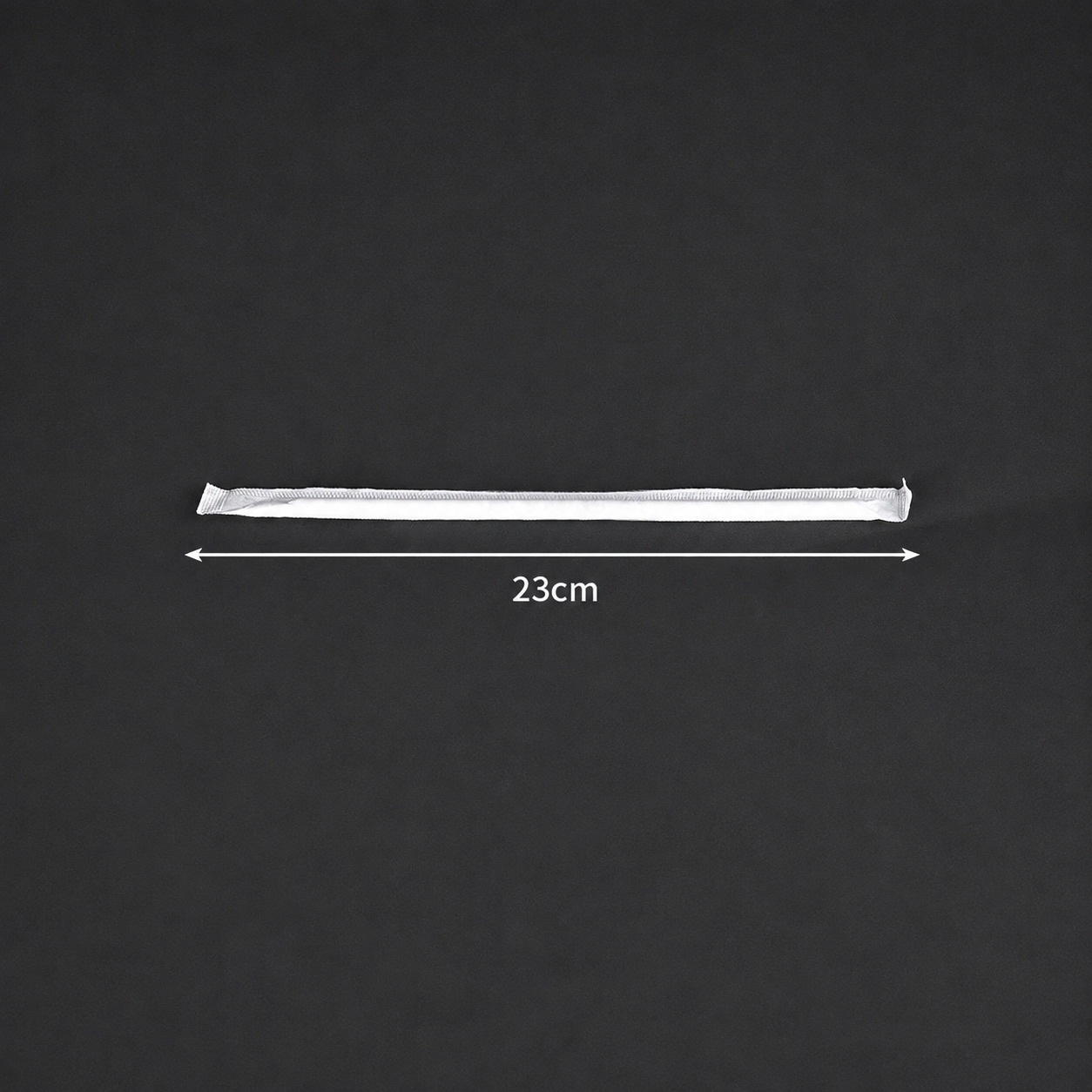 23 cm long x 6 mm diameter PLA straw in an individual wrapper, size reference.