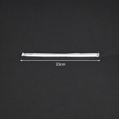 23 cm long x 6 mm diameter PLA straw in an individual wrapper, size reference.