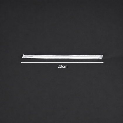 23 cm long x 6 mm diameter PLA straw in an individual wrapper, size reference.