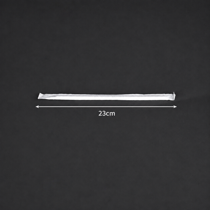 23 cm long x 6 mm diameter PLA straw in an individual wrapper, size reference.