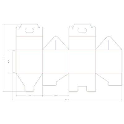 Dieline for a tall folding cake box with gable panels and built-in top handles.
