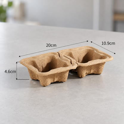 Two-cup molded pulp drink carrier with dimensions 20 × 10.9 × 4.6 cm