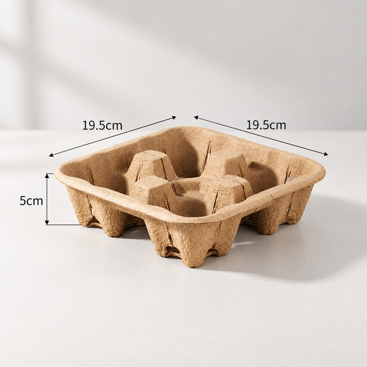 Four-cup molded pulp drink carrier with dimensions 19.5 × 19.5 × 5 cm