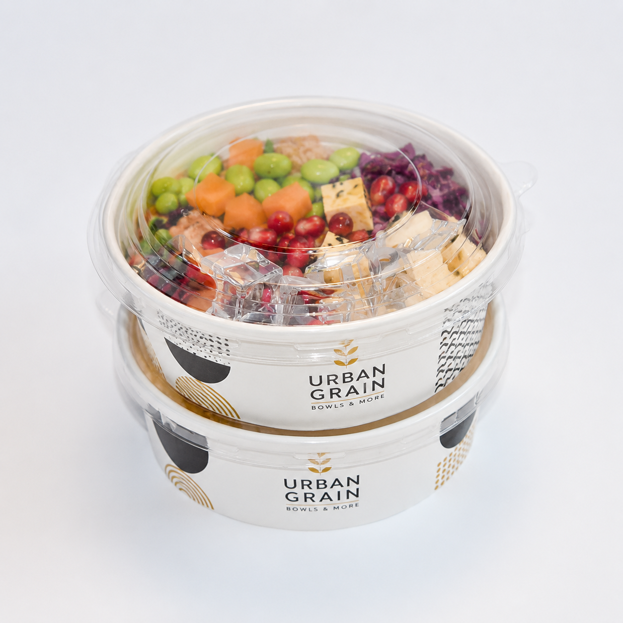 White paper bowls with clear lids for custom grain salad and meal prep packaging