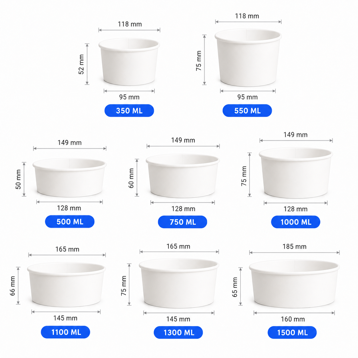 White paper bowl size guide showing 350 ml to 1500 ml custom takeout bowl options