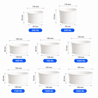 White paper bowl size guide showing 350 ml to 1500 ml custom takeout bowl options