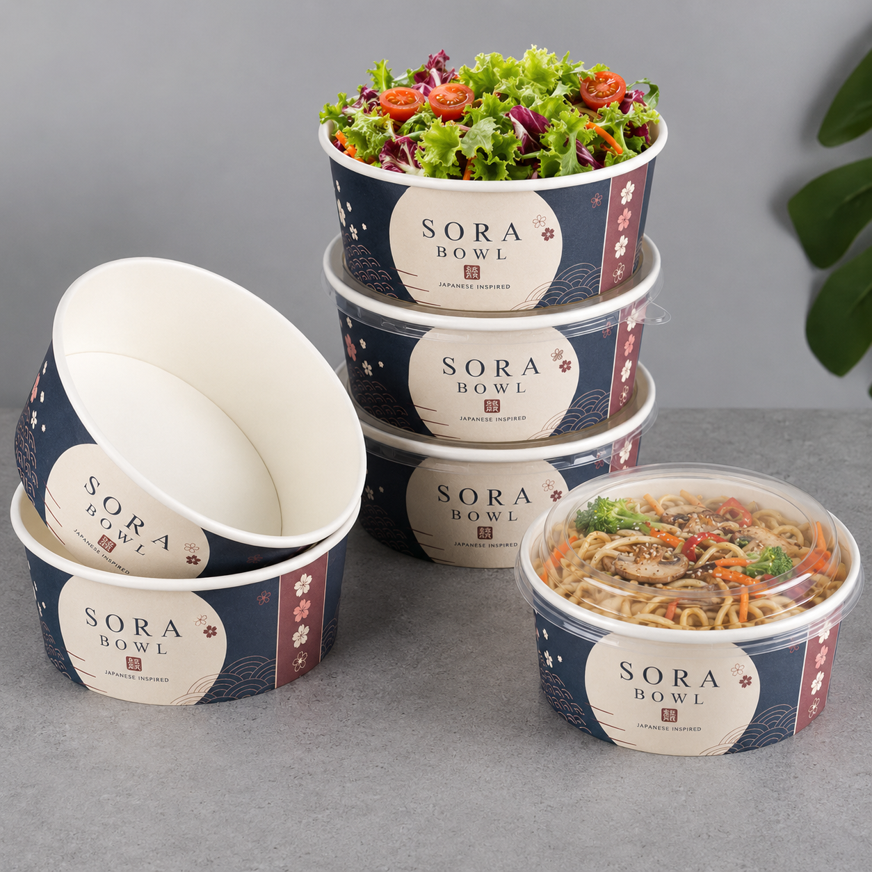 Stacked custom white paper bowls with logo print for salad and restaurant packaging