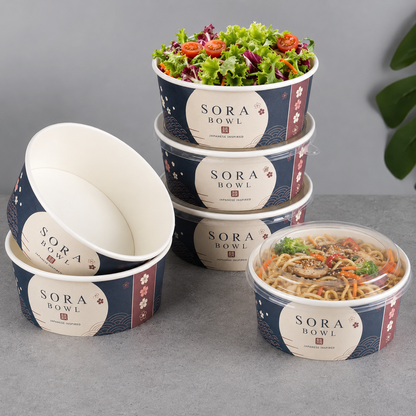 Stacked custom white paper bowls with logo print for salad and restaurant packaging