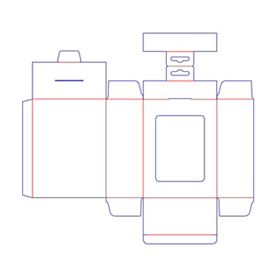 Dieline for a window folding carton with an extended reinforced hang tab and Euro-slot opening.