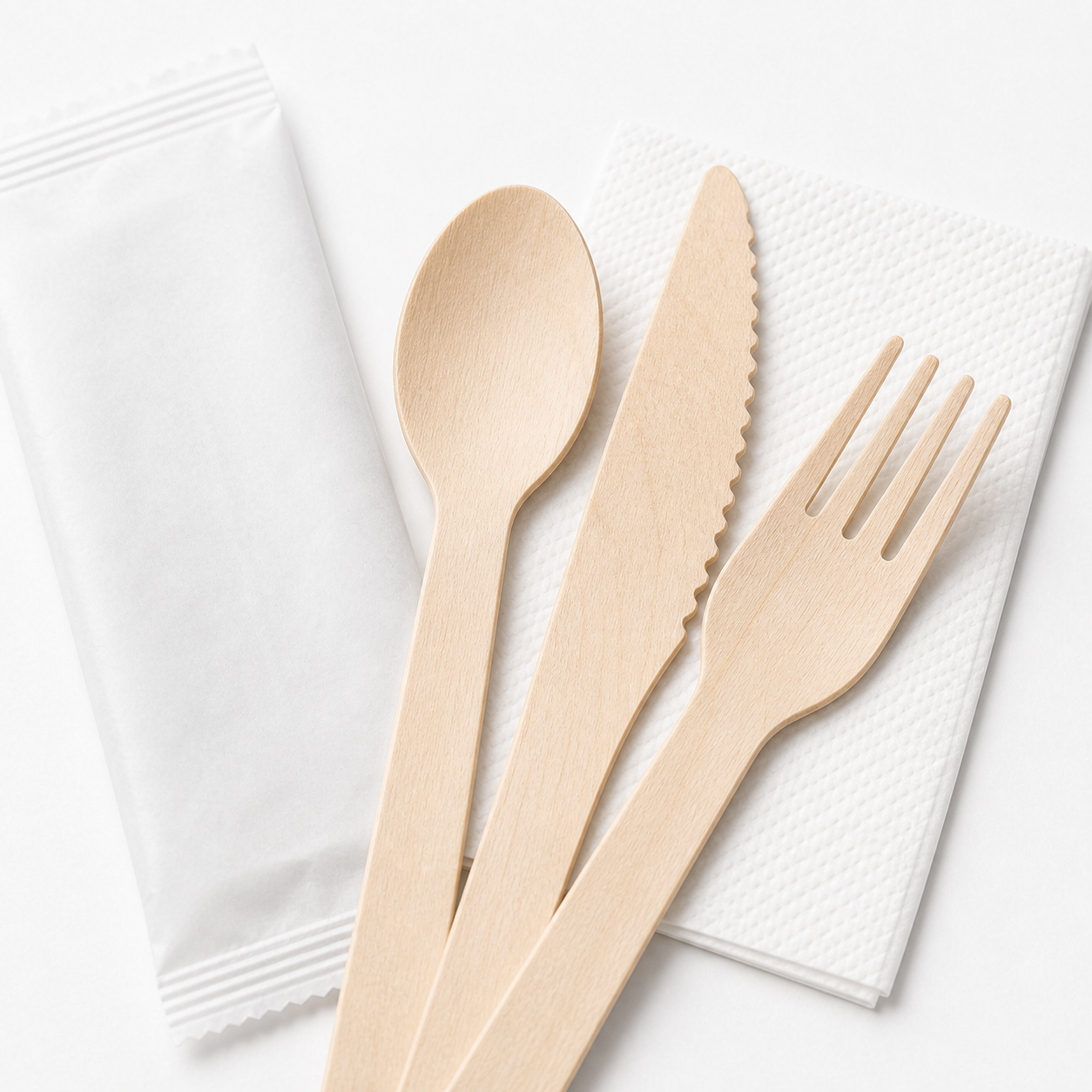 Close-up of smooth birchwood disposable utensils for branded restaurant and catering supplies