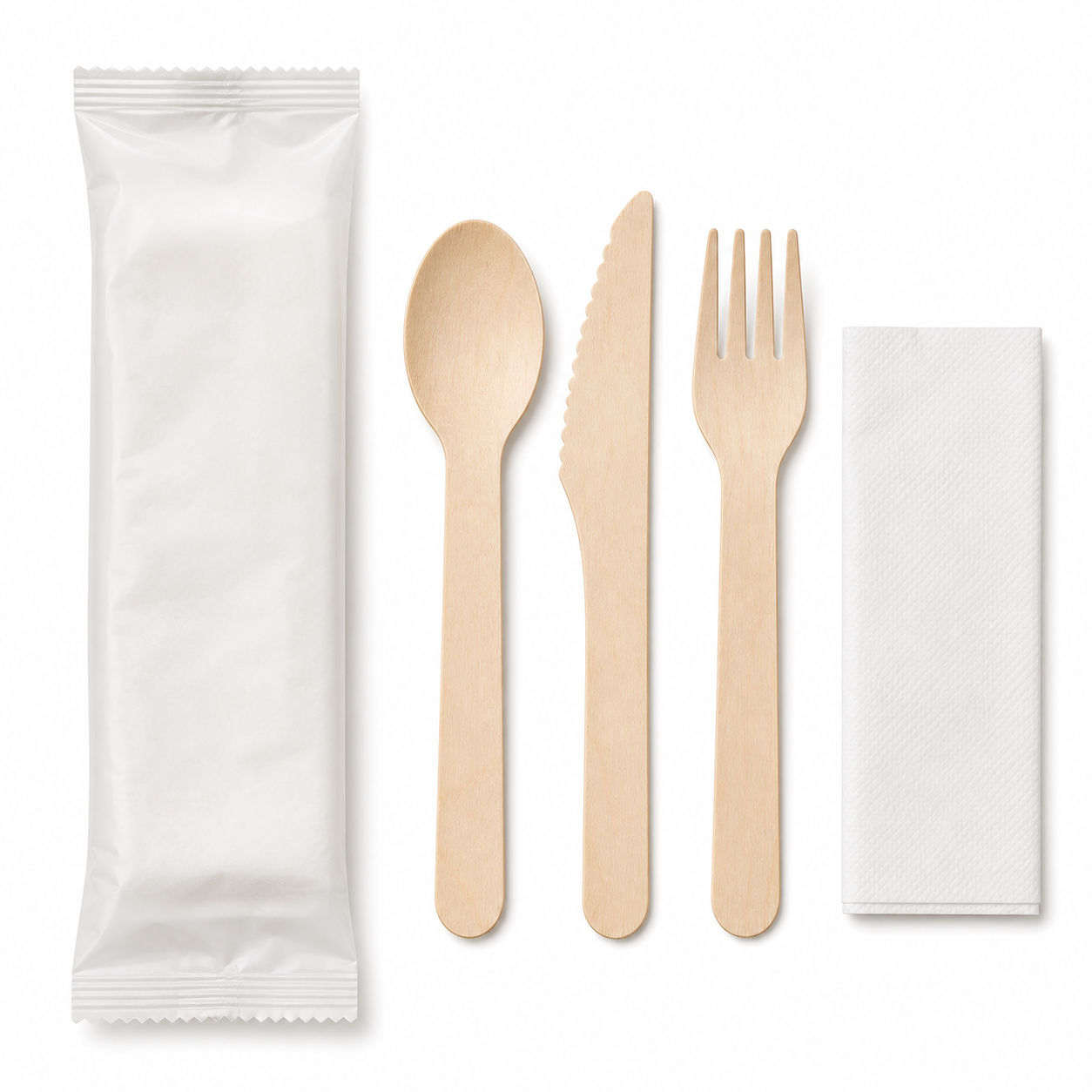 Biodegradable birchwood knife fork and spoon set for cafe catering and food delivery packaging