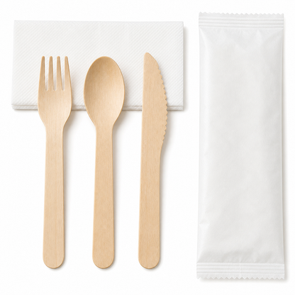 Custom paper sleeve and individually wrapped wooden cutlery packaging options for takeout meals