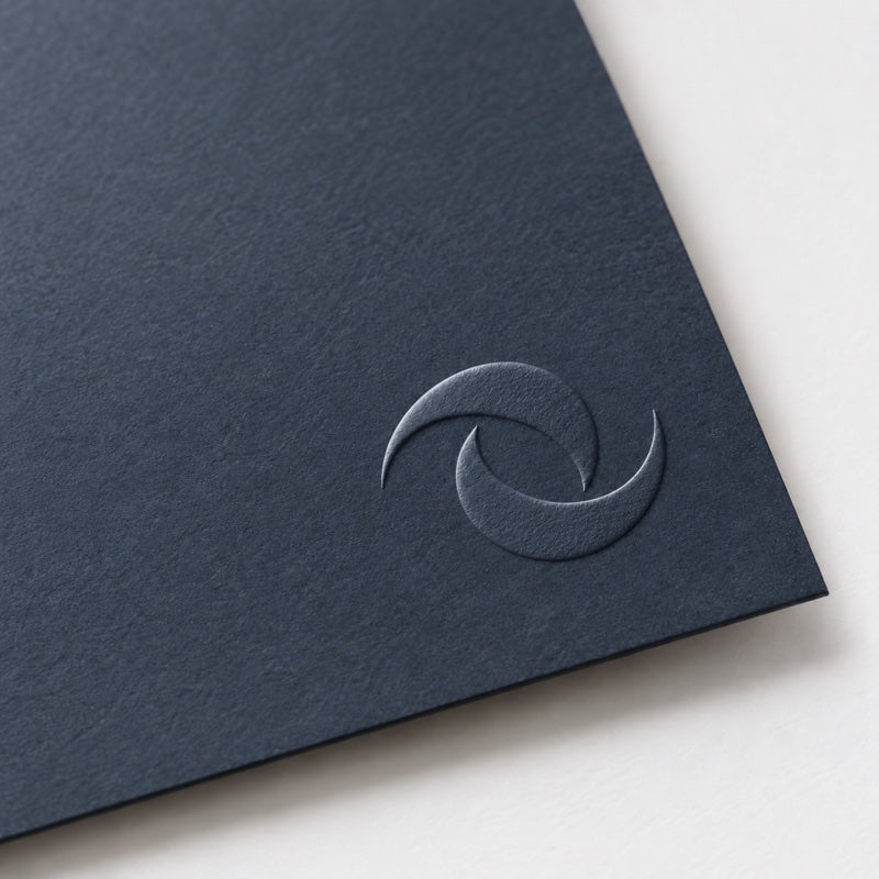Embossed detail raised from dark paperboard